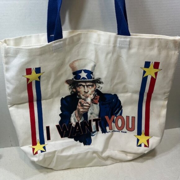 Two Sided Uncle Sam" I Want You" Canvas USA Themed Shopping Tote Bag 13"x4"x14" - Picture 2 of 16